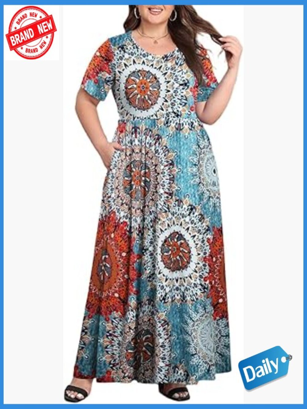 Plus Size Maxi Dress with Pockets Short Sleeve